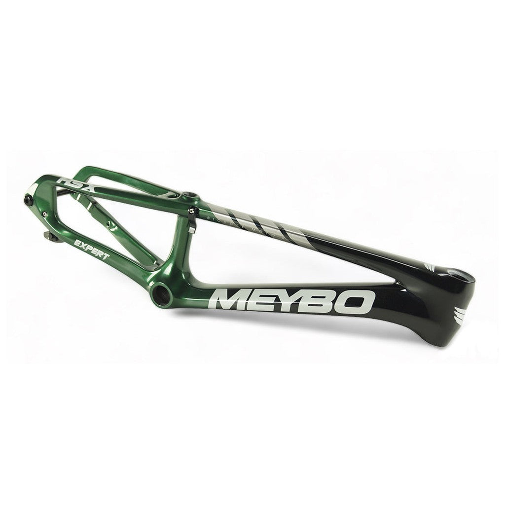 A green Meybo 2024 Carbon HSX Expert bike frame with the word Meybo on it, featuring a high-performance BMX race frame design.