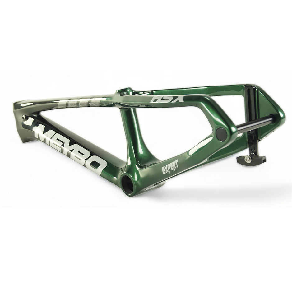 A green mtb frame with a Meybo 2024 Carbon HSX Pro XXL Frame design on a white background.