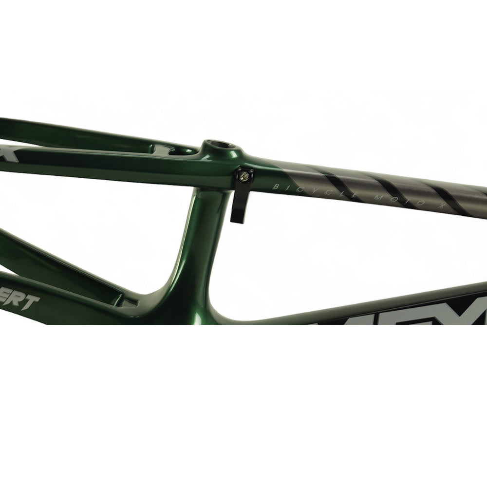 A close up of a green Meybo 2024 Carbon HSX Expert mountain bike frame, designed for BMX race performance.