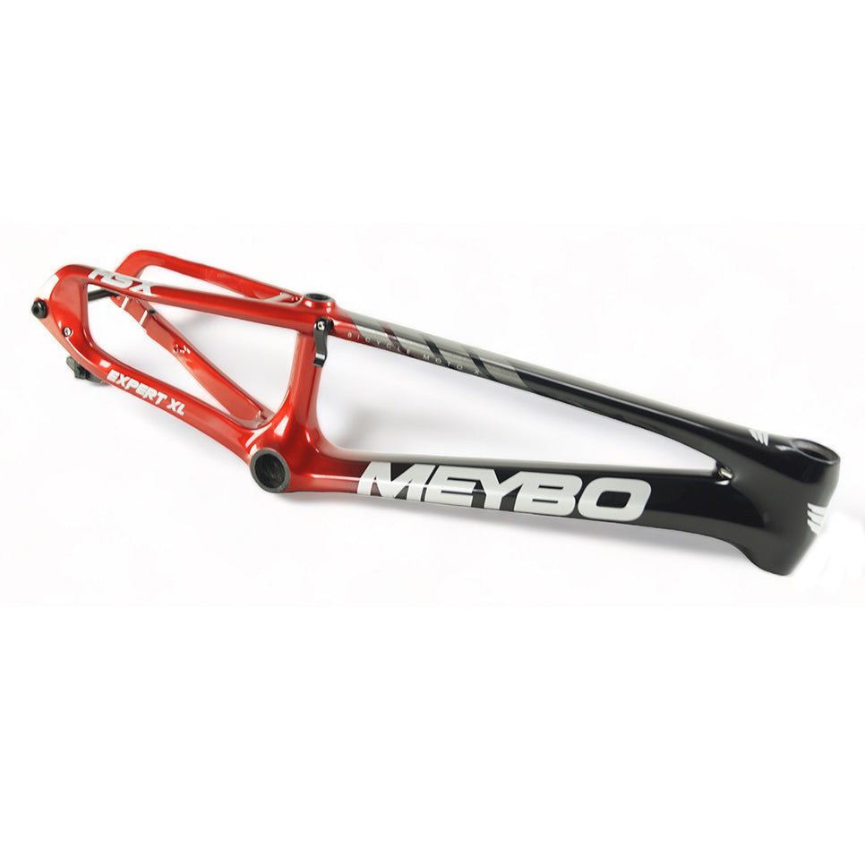 A red and black Meybo 2024 Carbon HSX Pro XL Frame with the word Meybo on it, designed for BMX racing on the UCI circuit.