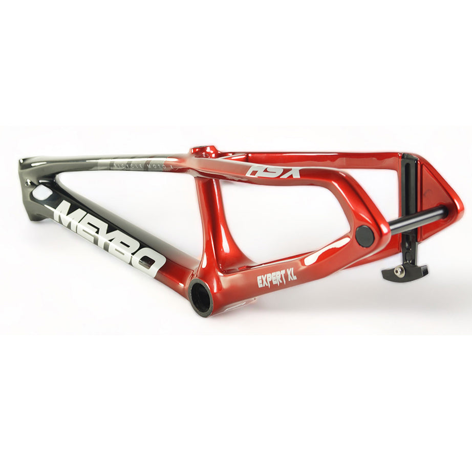 An important SEO keyword, a Meybo 2024 Carbon HSX Expert Frame in red and black, boasting a sleek BMX race frame design on a clean white background.