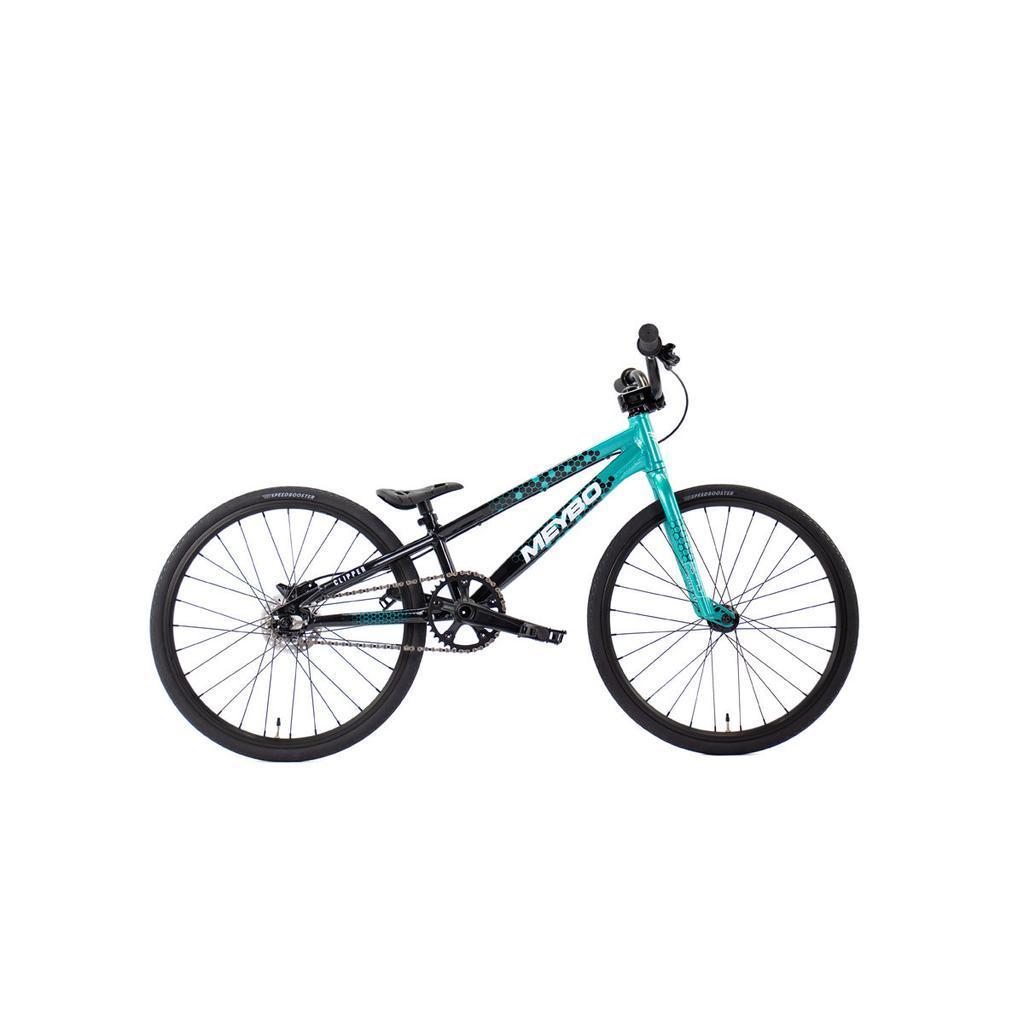 The Meybo 2026 Clipper Mini Bike features a lightweight turquoise and black frame, flat handlebars, and large wheels—an ideal entry-level BMX race bike. Photographed on a white background.