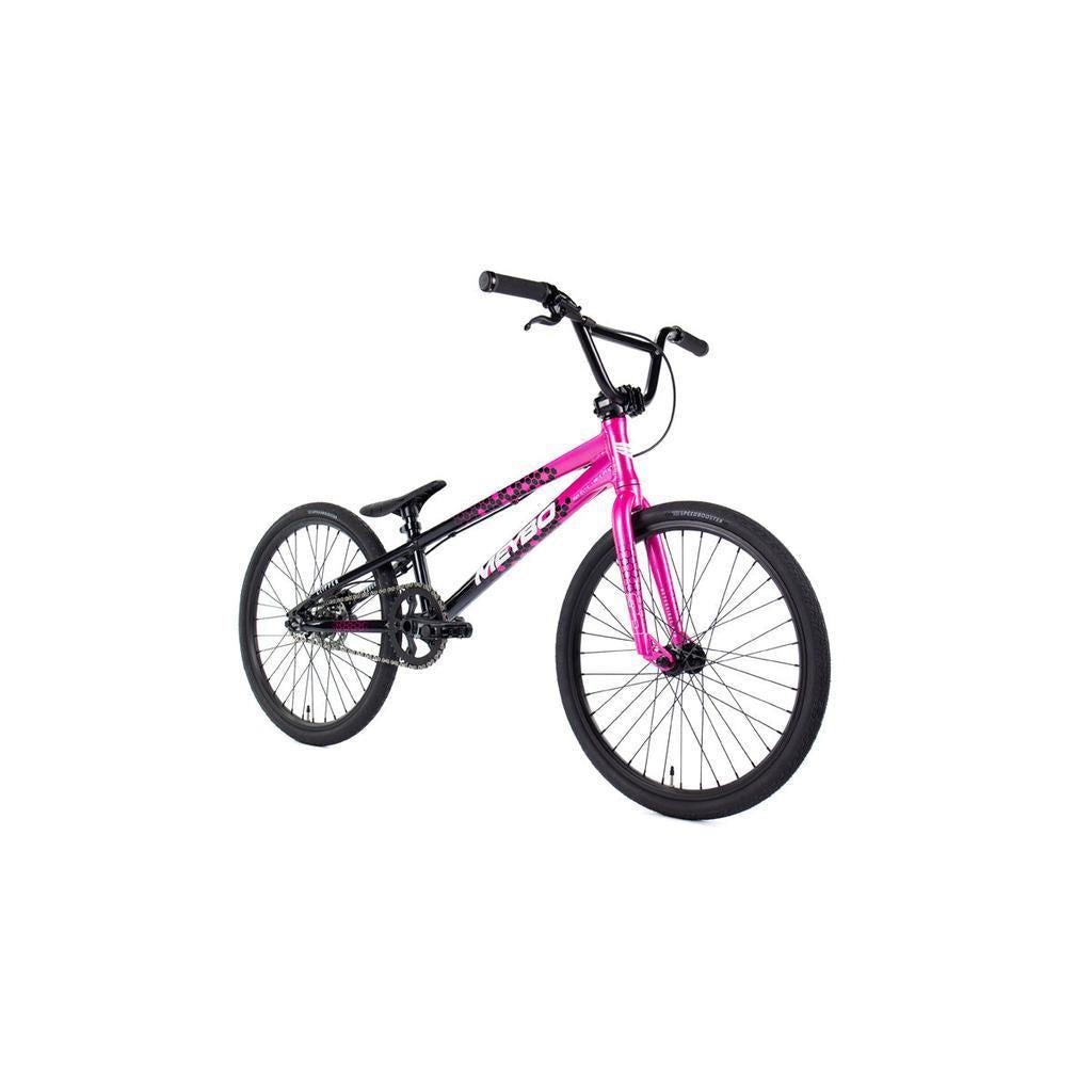 The Meybo 2026 Clipper Expert XL Bike, an entry-level race bike with a vibrant pink frame and black handlebars, seat, and tires, is displayed on a white background.