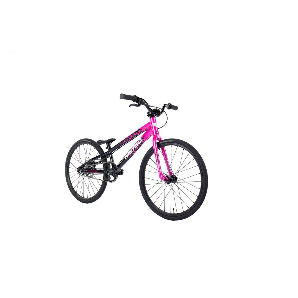 The Meybo 2026 Clipper Mini Bike is a pink BMX race bike with black handlebars, seat, and tires, shown on a white background—ideal for riders seeking an entry-level race bike.