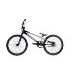 Side view of a black and silver Meybo 2026 Superclass Expert XL BMX racing bike with "MEYBO" branding, lightweight frame, thin tires, and elevated seat for tall riders, shown against a white background.