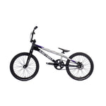 Side view of the Meybo 2026 Superclass Pro XL, a black and white BMX racing bike with a lightweight frame, flat handlebars, and single gear, designed for tall riders and built for race track speed.