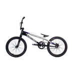 Side view of a black and silver Meybo 2026 Superclass Pro XXL Bike with a 22” top tube, 20-inch wheels, straight handlebars, and padded seat on a white background—perfect for tall BMX racers.