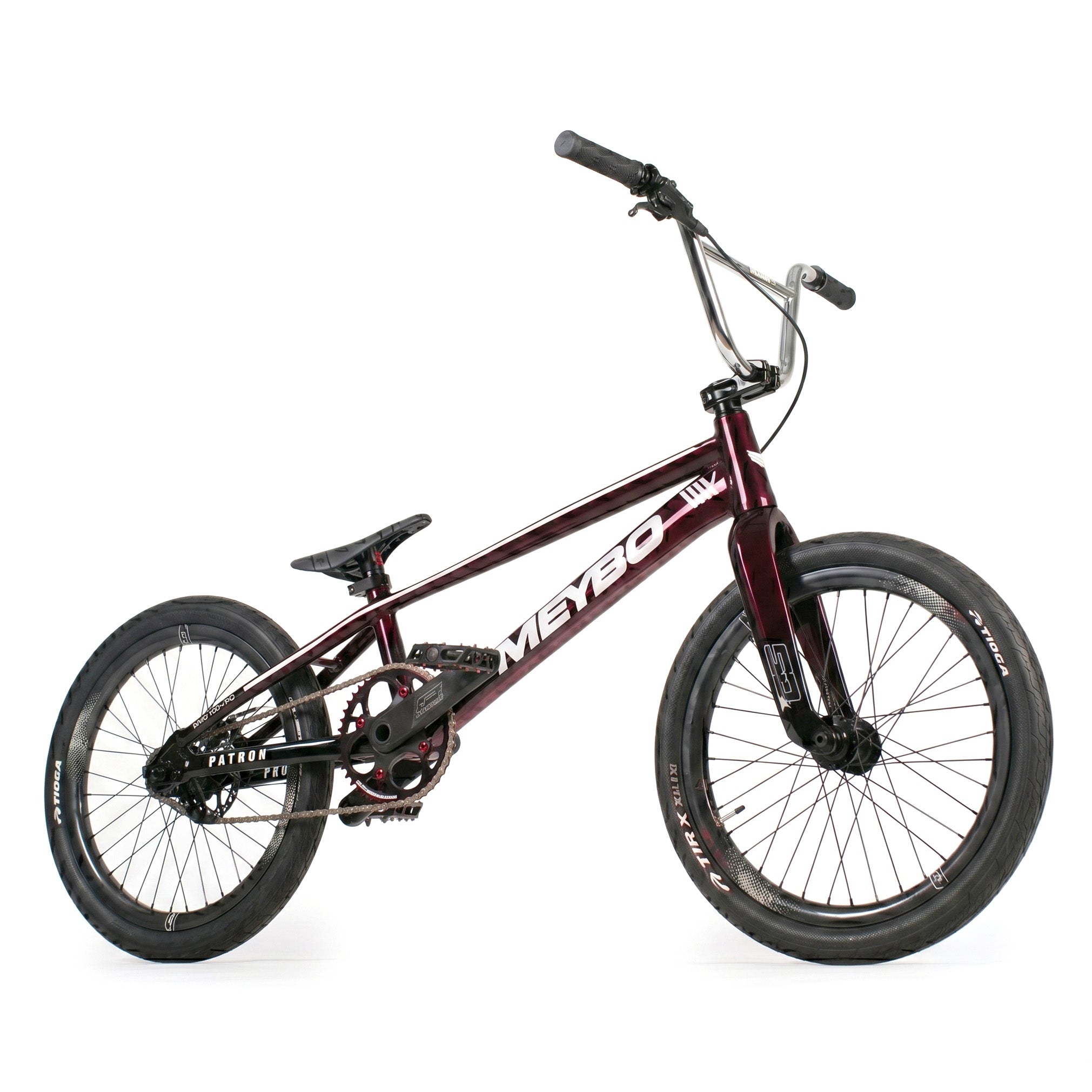 The Meybo 2025 Patron Pro XXL Bike in maroon features black tires, SD carbon rims, silver handlebars, and white branding, displayed side-on against a white background.