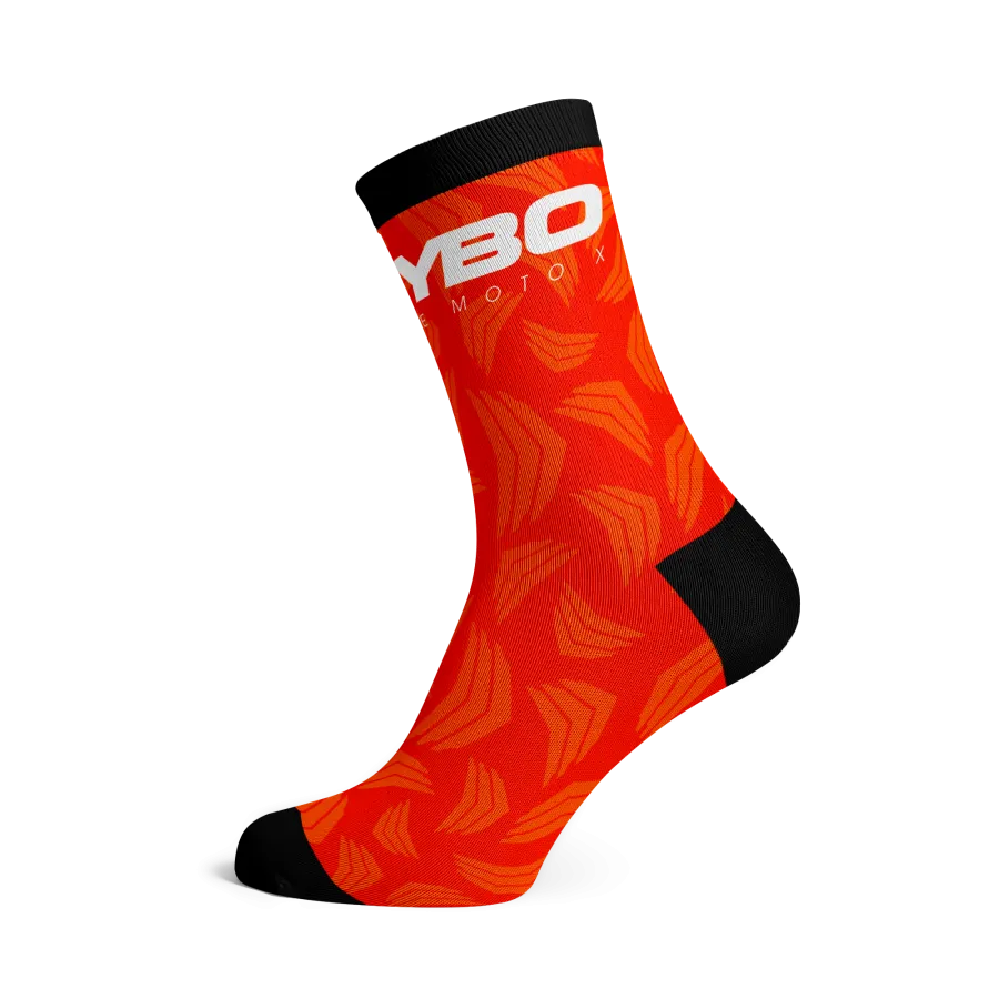 The Meybo Sock Ribbed Crew features bold red and black geometric patterns with “YBO” printed in white near the top, making it the perfect stylish addition to your road recovery ride.
