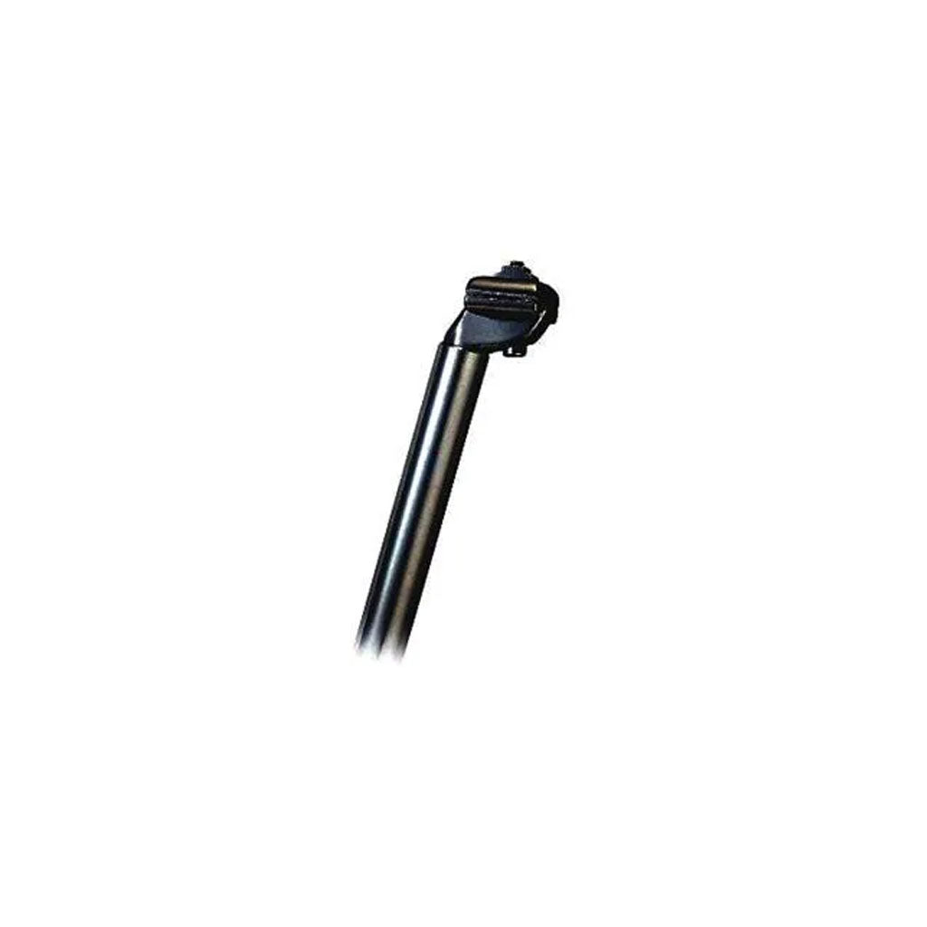 A black and silver micro-adjust alloy seat post, optimized for comfort, with a 30.8mm diameter, isolated on a white background.