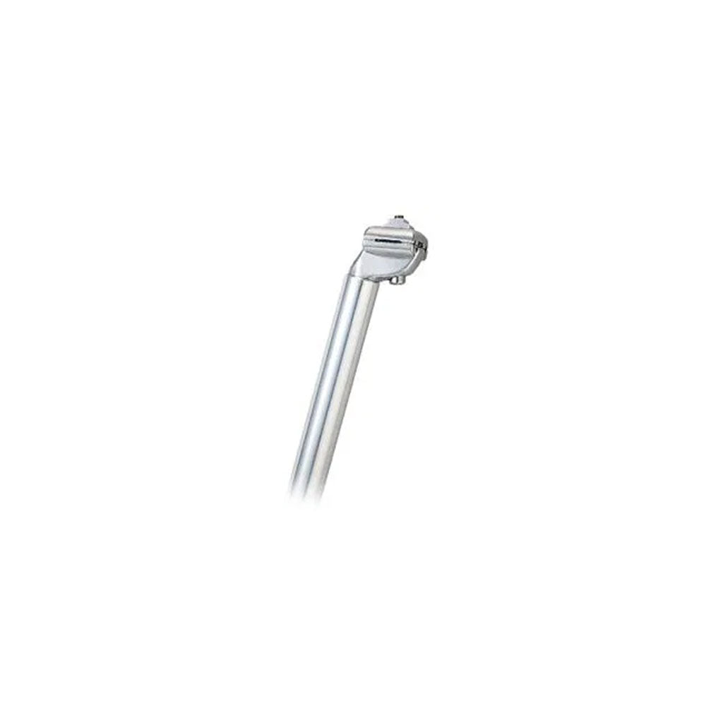 The SEATPOST 30.8 x 400mm, Micro-Adjust, Alloy is a sleek silver bicycle seatpost featuring an adjustable clamp for precise positioning and ride comfort. It has a 30.8mm diameter, ideal for tailored adjustments against a plain white background.