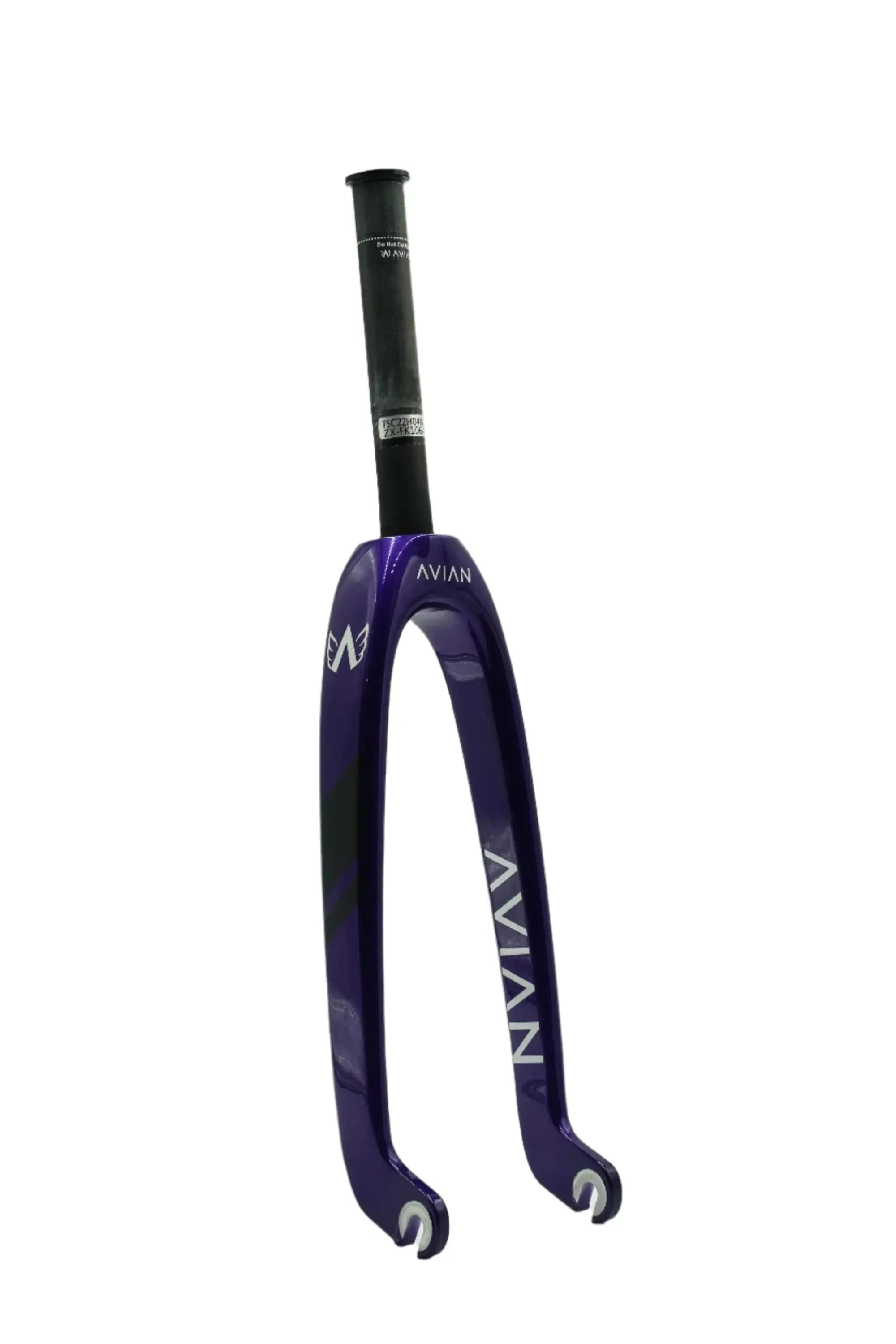 The Avian Versus Pro 20 Inch 10mm Carbon Fork in purple with black accents and Avian logo is displayed upright against a white background, showcasing its composite carbon construction.