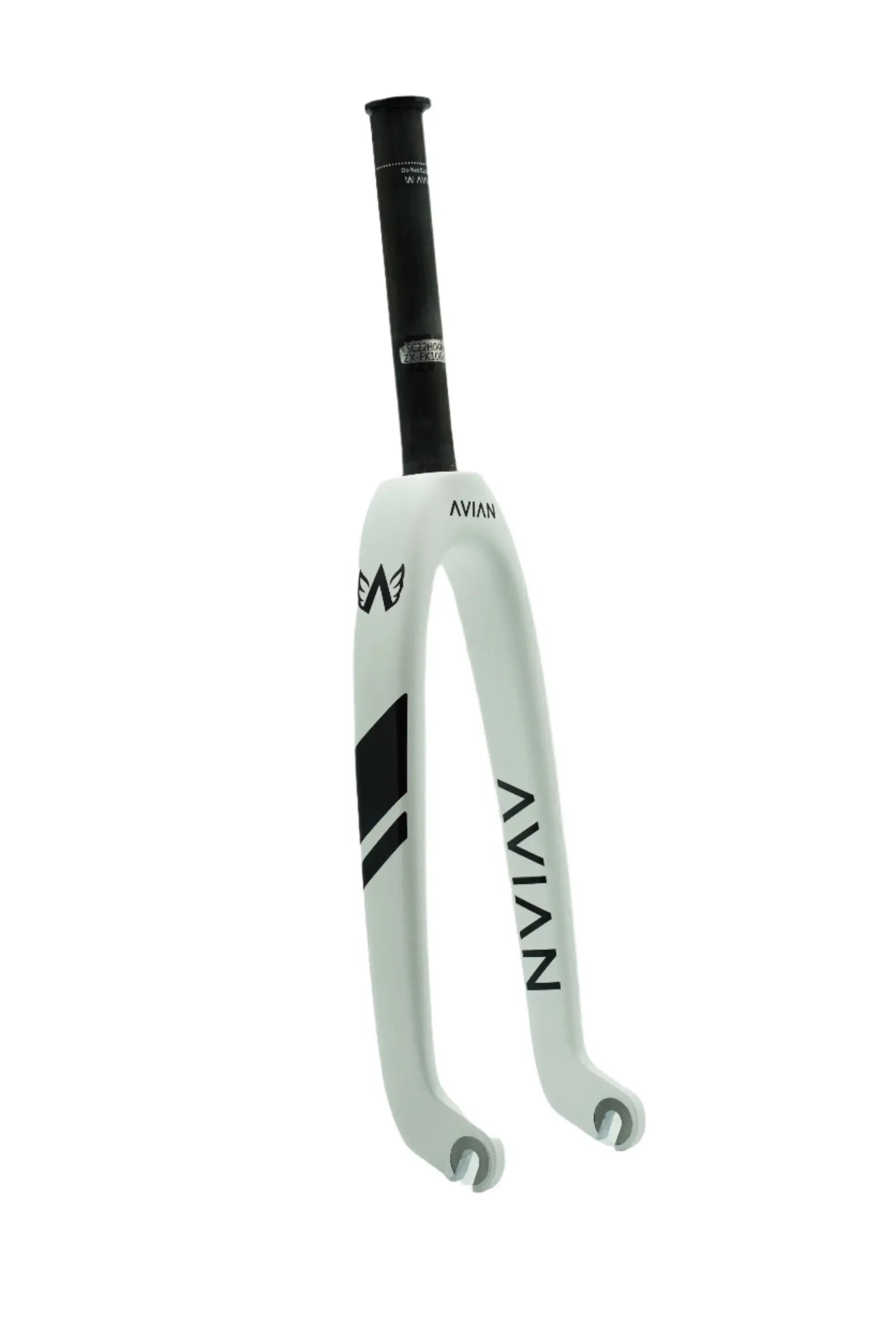 The Avian Versus Pro 20 Inch 10mm Carbon Fork, in white with black graphics and an extended black steer tube, is displayed against a plain white background.