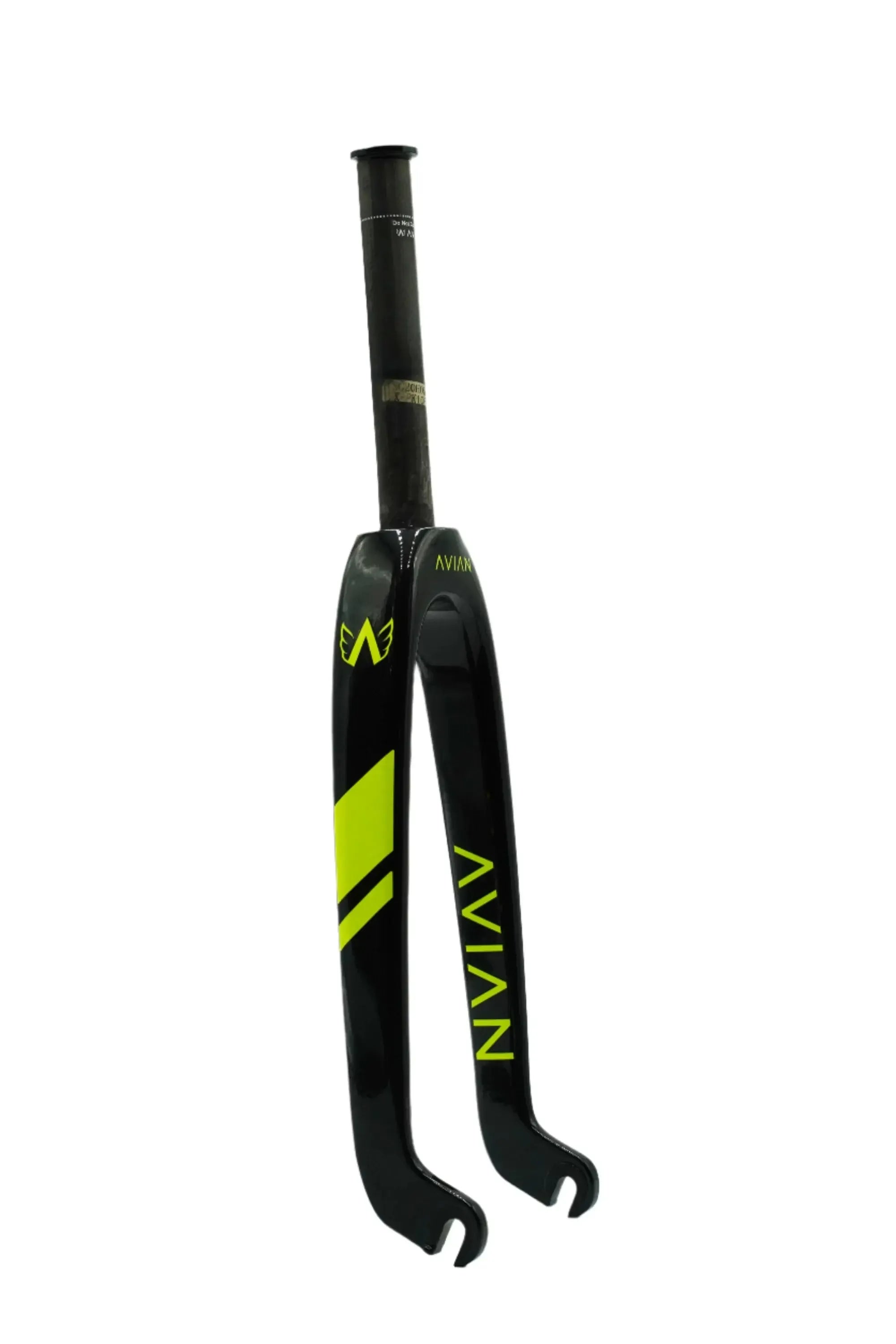 An Avian Versus Pro 20 Inch 10mm Carbon Fork in black and yellow, with composite construction and a straight carbon steerer tube, stands upright against a white background.