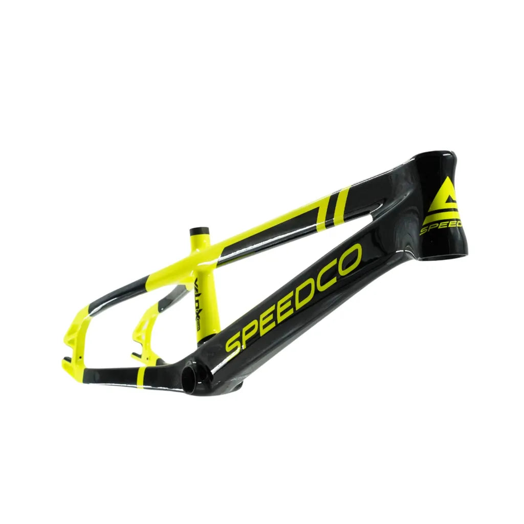 A black and yellow Speedco Velox EVO Carbon BMX Race Frame Junior, made from Toray T-700 carbon, is shown against a white background.
