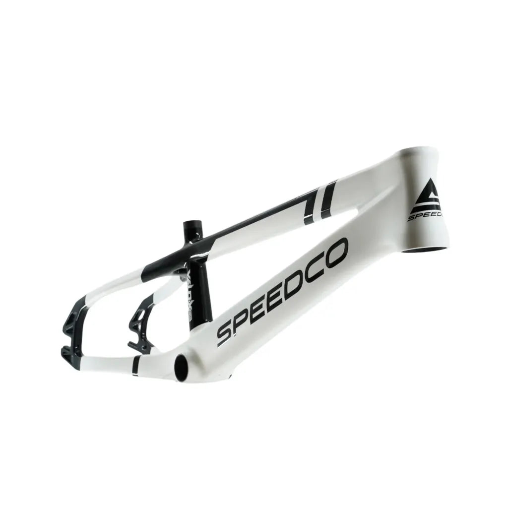 A Speedco Velox EVO Carbon BMX Race Frame Junior in white and black, made from Toray T-700 carbon with flat mount disc brake compatibility, is shown against a plain white background.
