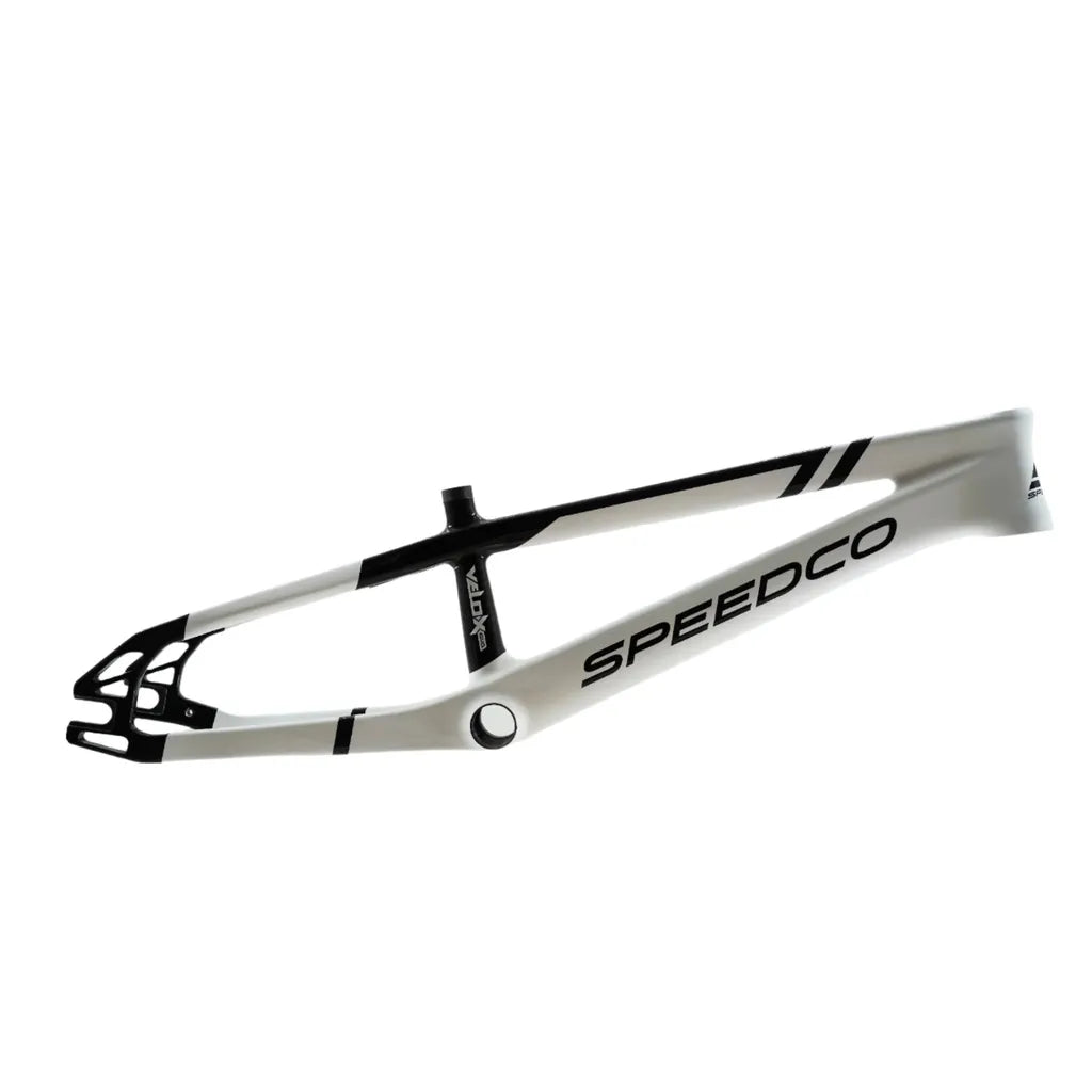 A white and black Speedco Velox EVO Carbon BMX Race Frame Junior, made from premium Toray T-700 carbon, is displayed against a plain white background with the "SPEEDCO" logo visible on the side.
