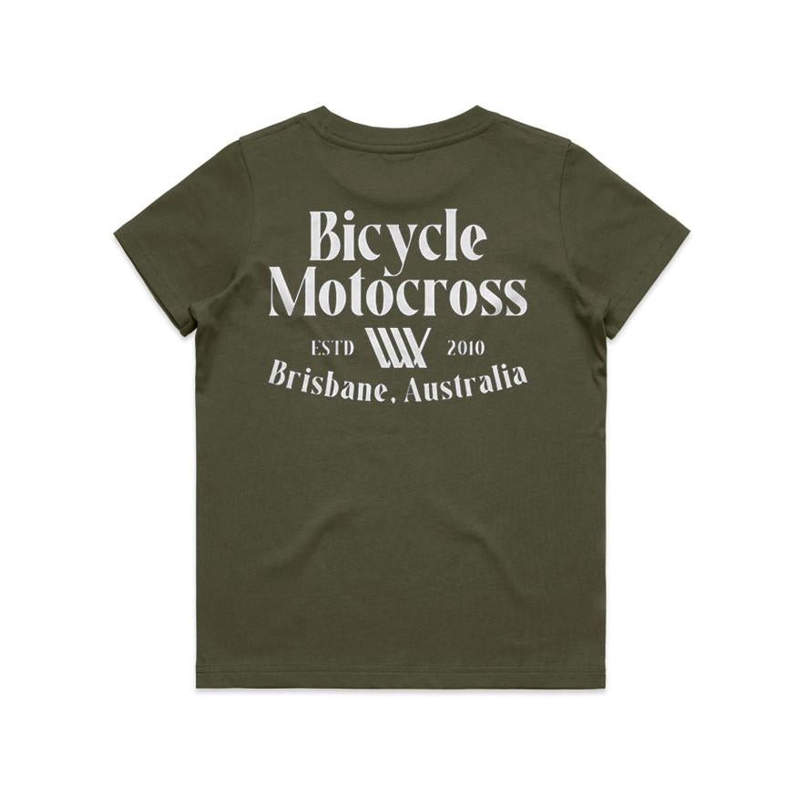 An army green LUXBMX Bicycle Motocross Youth Tee featuring white text on the back that reads "Bicycle Motocross, ESTD 2010, Brisbane, Australia.