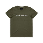 The LUXBMX Bicycle Motocross Youth Tee Army features an olive green color with "Bicycle Motocross" printed in bold white text across the chest, making it a stylish and comfortable choice for young BMX riders.