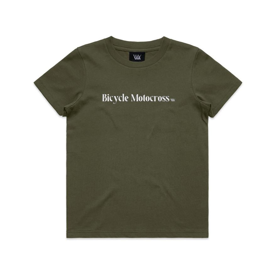 The LUXBMX Bicycle Motocross Youth Tee Army features an olive green color with "Bicycle Motocross" printed in bold white text across the chest, making it a stylish and comfortable choice for young BMX riders.