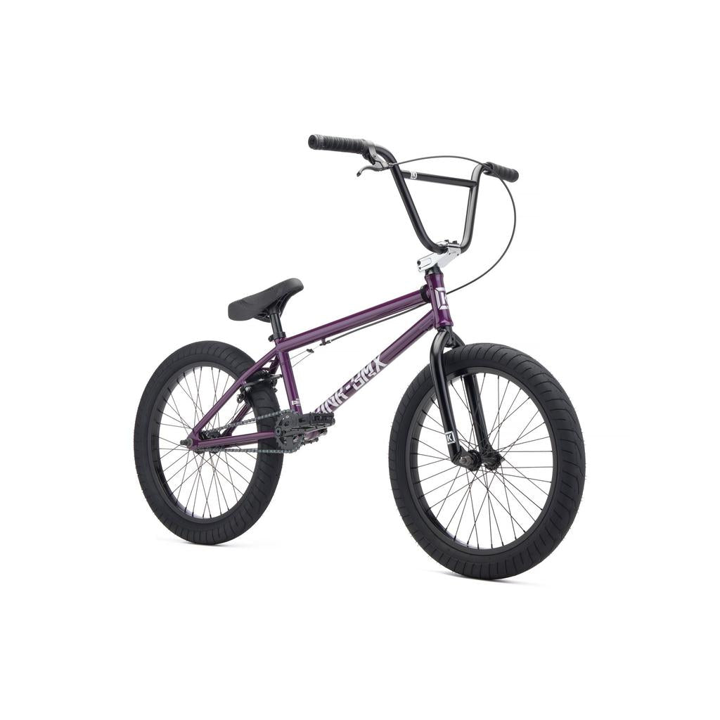 A Kink Launch 20 Inch Bike (2027) in purple, featuring black tires, handlebars, and seat, is displayed against a white background.