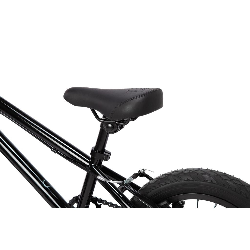 Close-up of the black seat, seat post, and rear wheel of the Radio Revo 14 Inch bike against a white background.