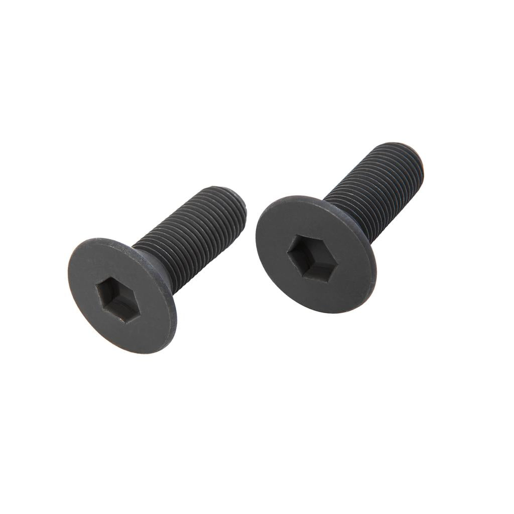 Two black hex socket cap screws with flat heads are displayed against a white background, ideal as Odyssey Calibur V2 Replacement Spindle Bolts.
