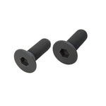 Two black hex socket cap screws with flat heads are displayed against a white background, ideal as Odyssey Calibur V2 Replacement Spindle Bolts.
