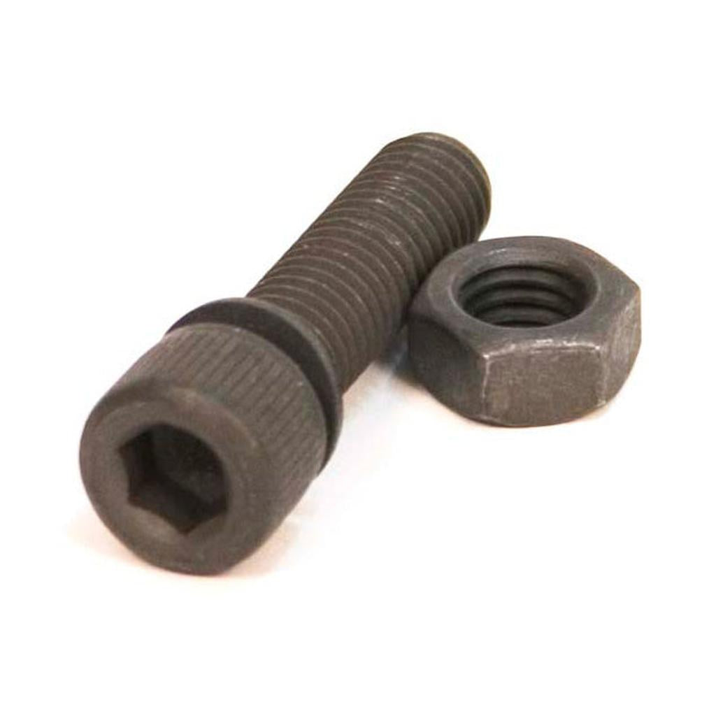 A black, hardened steel Odyssey C F N Stem Bolt & Nut is shown on a white background—ideal as replacement hardware for your Odyssey CFN Stem.