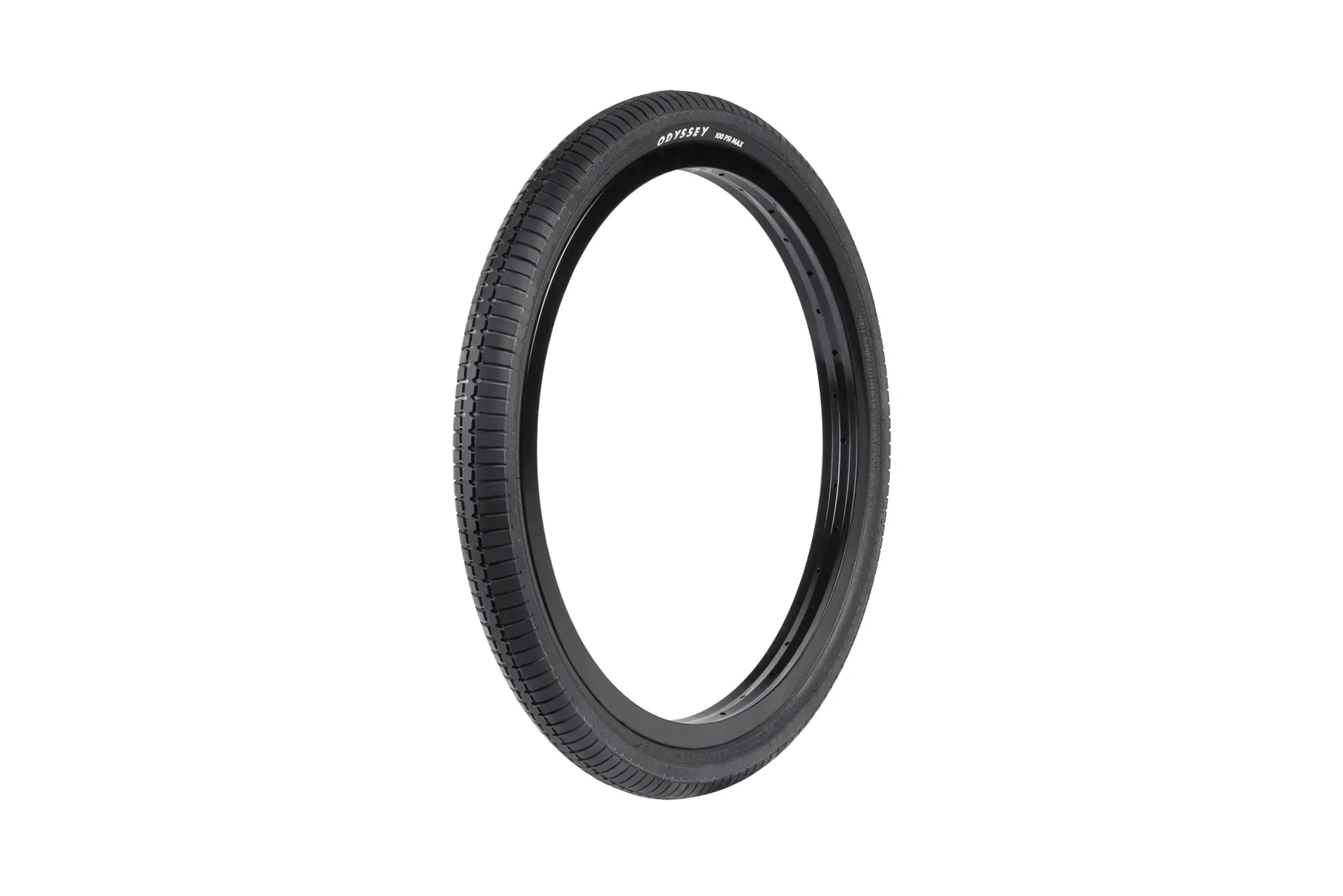 A single Odyssey Frequency G Tyre (Each) in black is displayed upright against a plain white background, displaying its distinctive special compound tread pattern and featuring small white text near the rim that identifies it as an ODYSSEY FREQUENCY G tire.