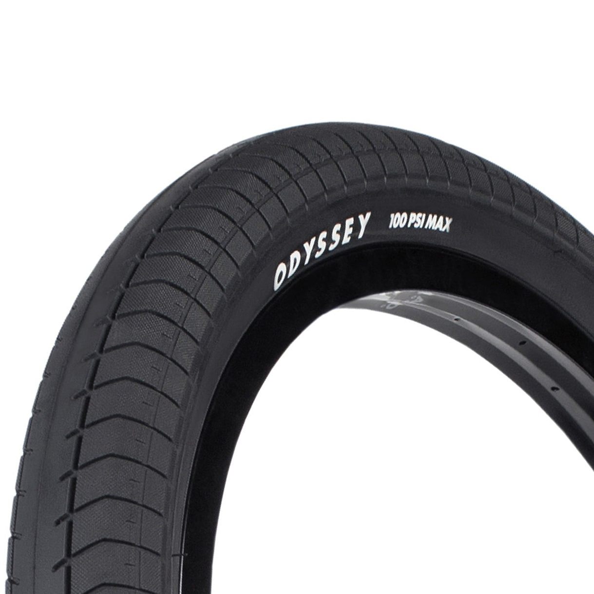 Close-up of a black Odyssey Path Pro Tyre (Each) showing tread detail and the text "100 psi max" on the dual-ply sidewall.