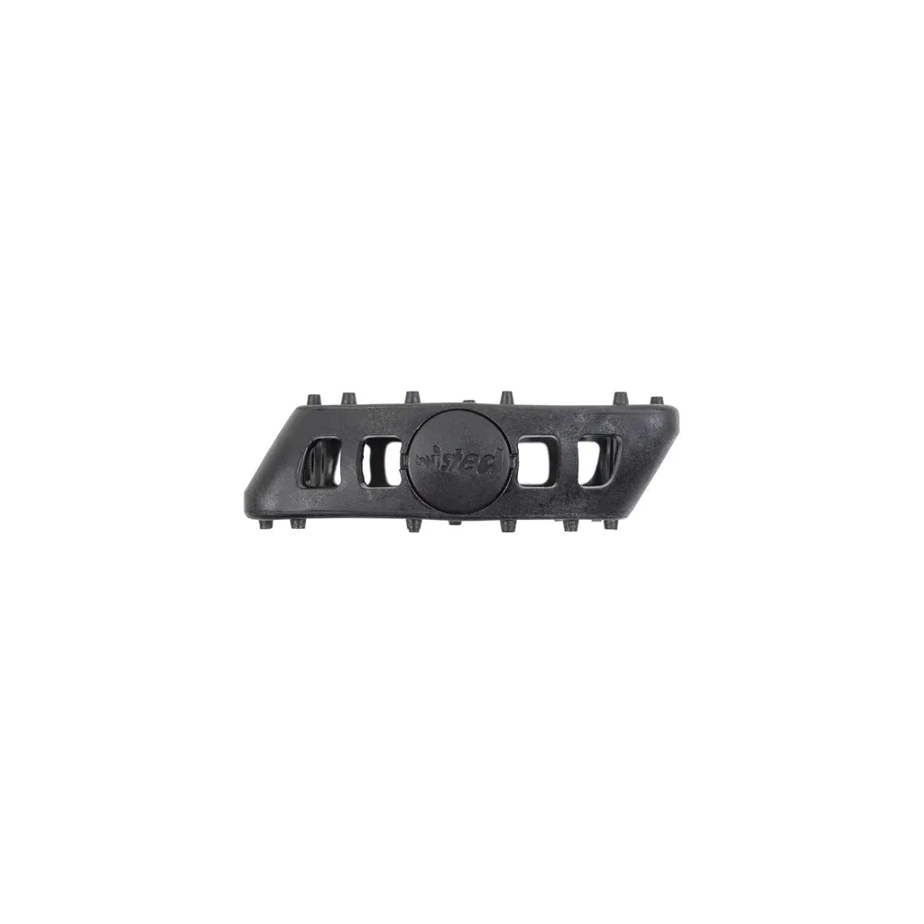 Black plastic rectangular Odyssey Twisted PC Pedals with rounded edges, slotted openings, and small top pegs—labeled "Viseo" in the center. Ideal for cyclists seeking lightweight pedal options.