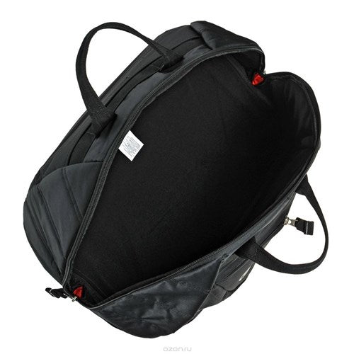 The Ogio Head Case Helmet Bag is a black duffle with a shoulder strap, featuring a spacious interior and visible label inside, perfect for protecting your gear.