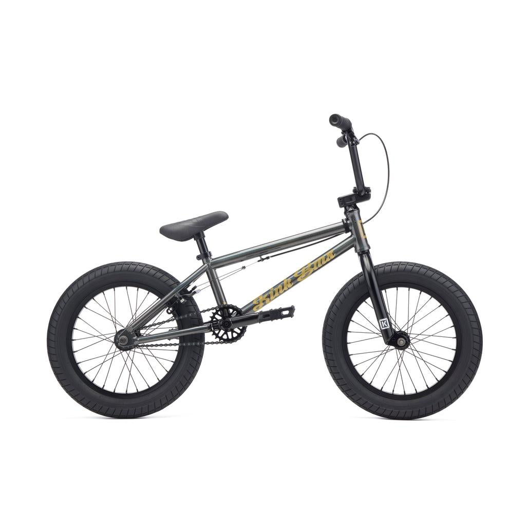 The Kink Carve 16 Inch Bike (2027) is a black kids BMX with thick tires, a straight top tube, and a small saddle, pictured from the side on a white background.