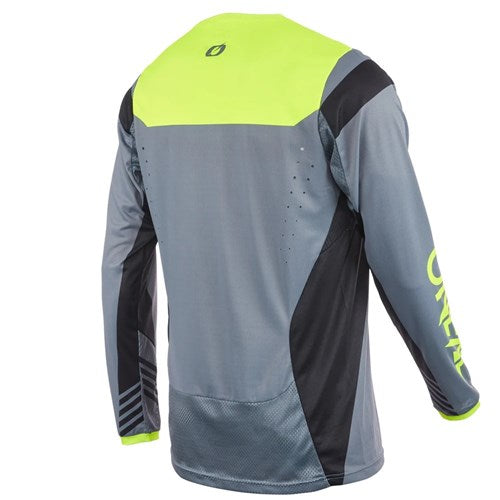 The Oneal Element 2025 FR Jersey is a long-sleeve athletic top with gray, black, and bright yellow panels, "ONEAL" text on the left sleeve, crew neck, and mesh ventilation—ideal riding gear for every adventure.