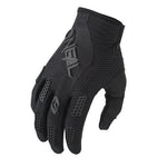 The Oneal 25 Element Youth Gloves are black, textured gloves with raised lettering and rubber knuckle and finger accents, designed for durability and protection during sports or outdoor activities.