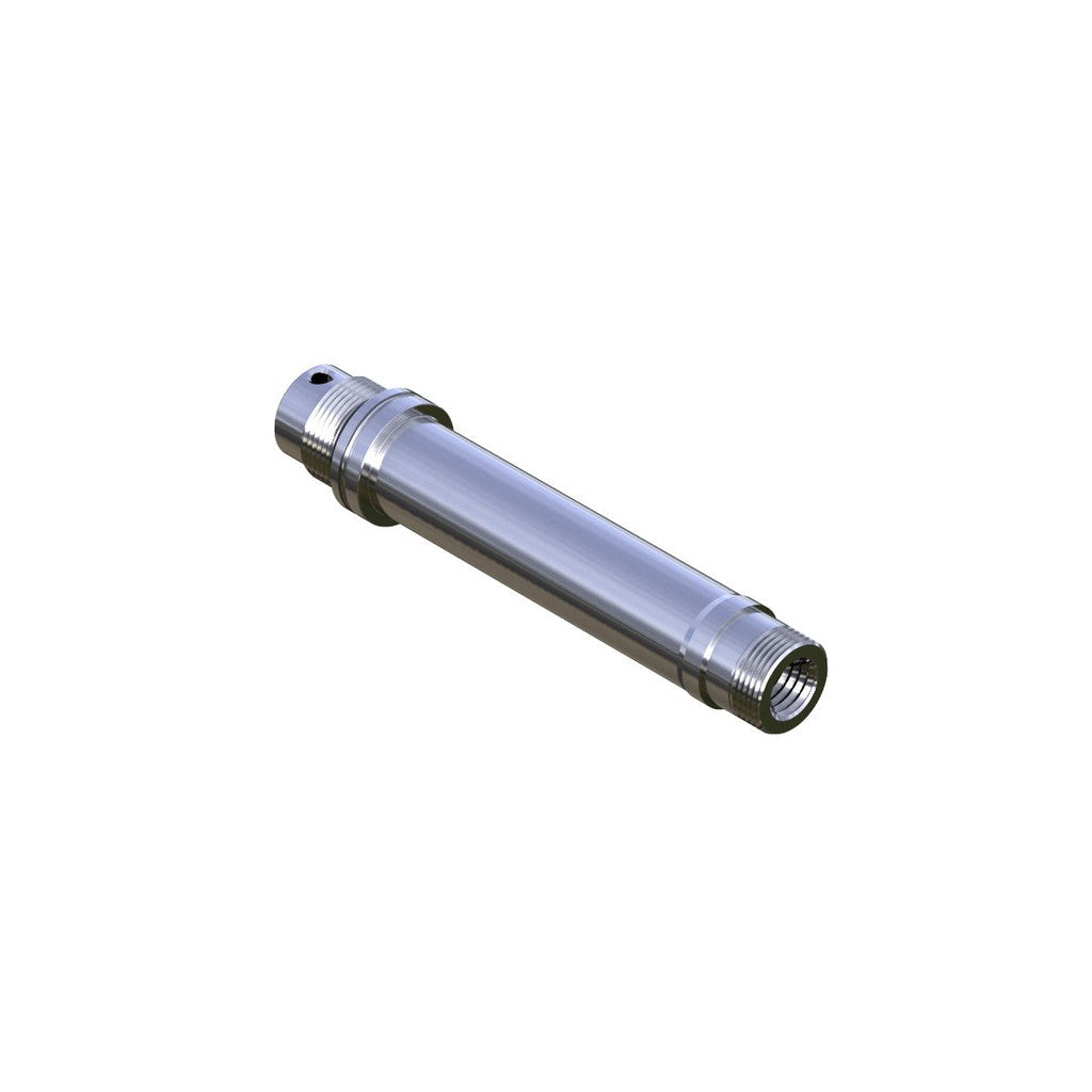3d rendering of a silver cylindrical Onyx Pro/Ultra HG Axle - BMX 110-10mm with a Bolt-on Rear Hub on a white background.