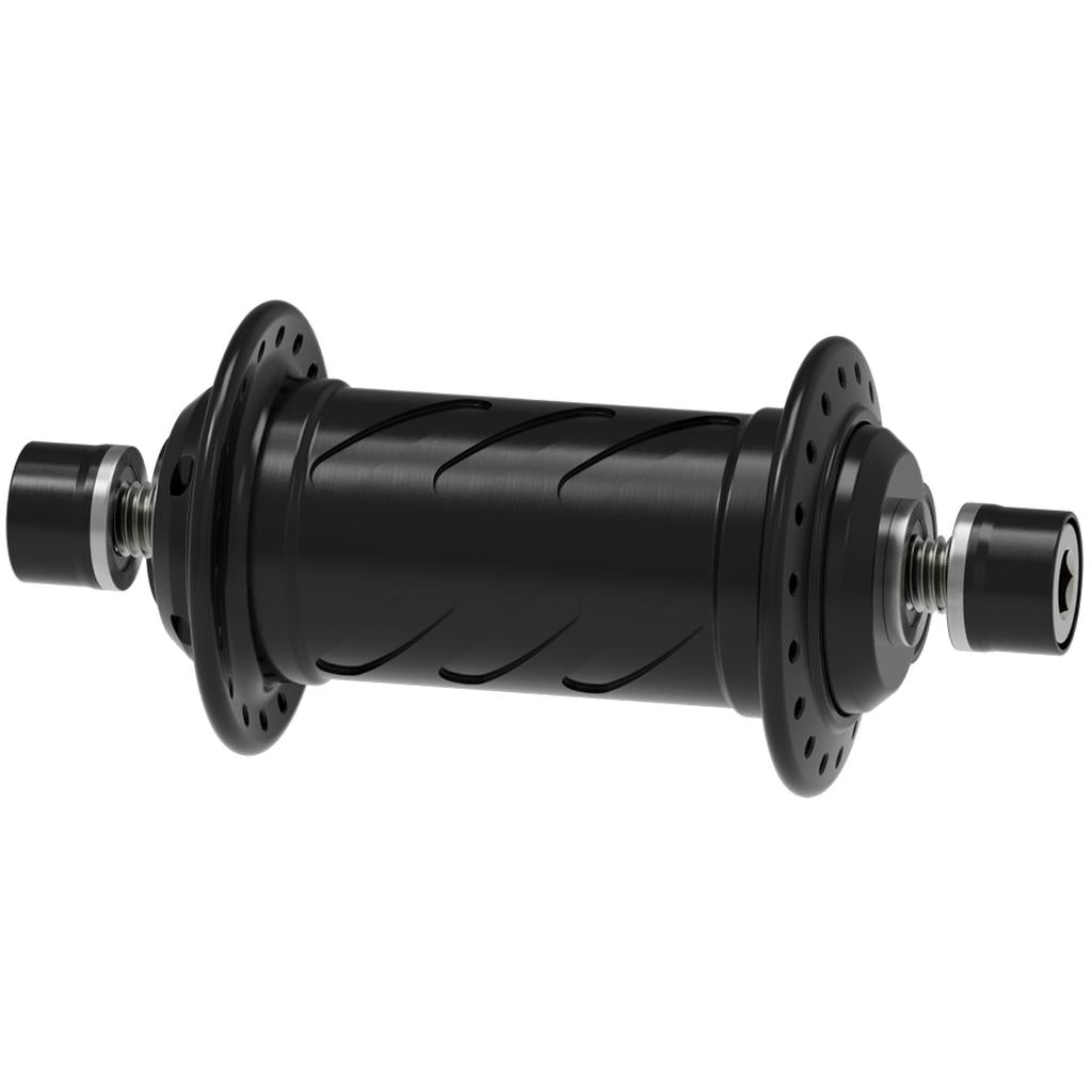 Onyx BMX XL 100/10mm Bolt-on Grooved Front Hub with end caps, shown on a white background. This fully rebuildable race hub is displayed with product information and part numbers listed below.