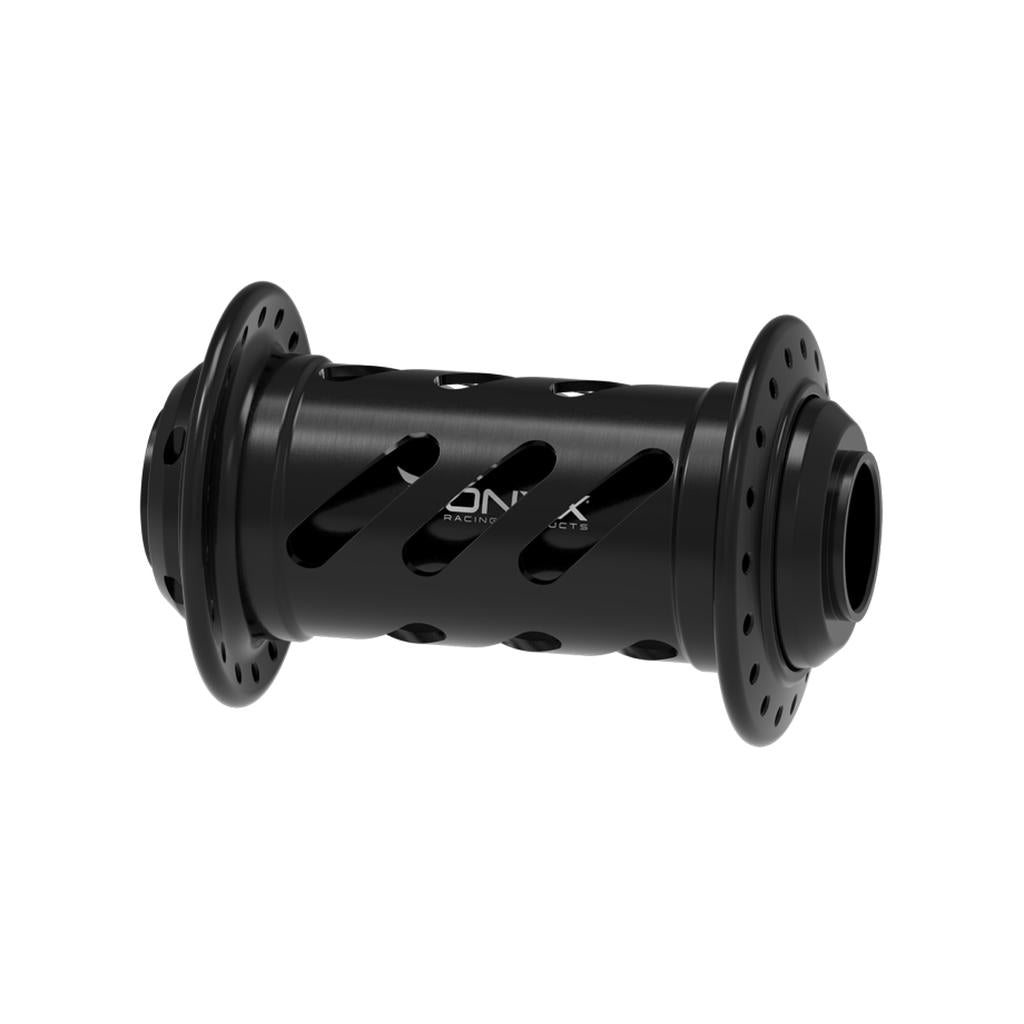 The Onyx BMX XL 100/20mm Helix Front Hub is a black cylindrical front hub with multiple holes and distinctive diagonal cutouts, showcasing partially visible "ONYX" branding on the side. Fully rebuildable, this race hub is engineered for both performance and longevity.