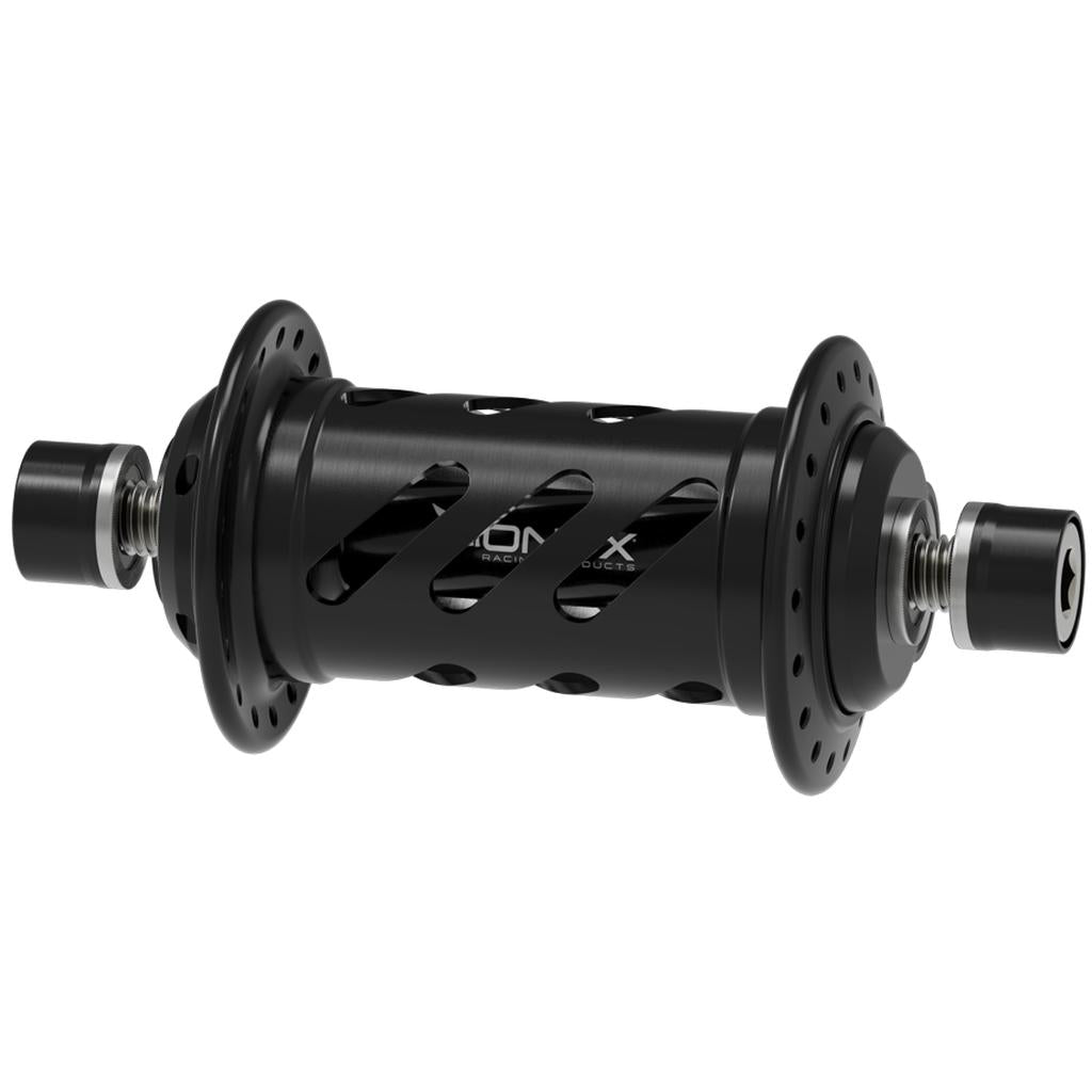 The Onyx BMX XL 100/10mm Bolt-on Helix Front Hub features a black anodized finish, cutout design, flanged ends, and labeled part numbers shown below; this fully rebuildable front hub delivers exceptional durability and top-tier performance.