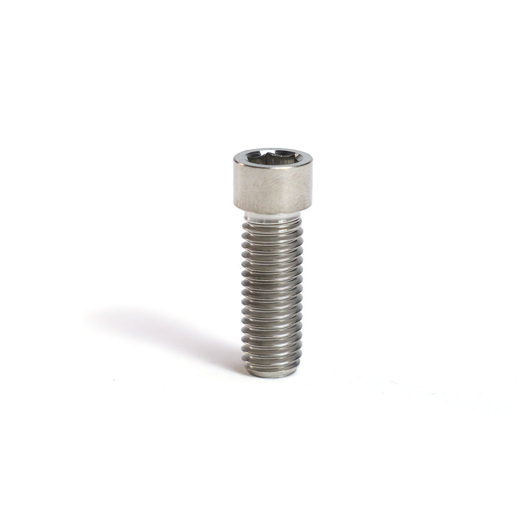 A single Titanium M8 Low Profile Stem Bolt stands upright on a white background, highlighting its sleek titanium construction and hex socket cap design.