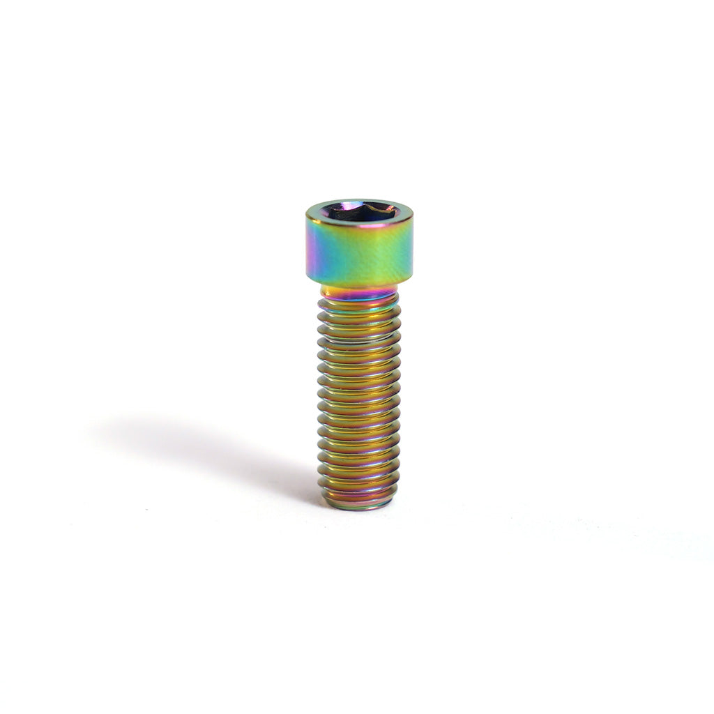 A Titanium M8 Low Profile Stem Bolt (each) stands upright on a white background, highlighting its vibrant rainbow finish and precise metric bike bolt design.