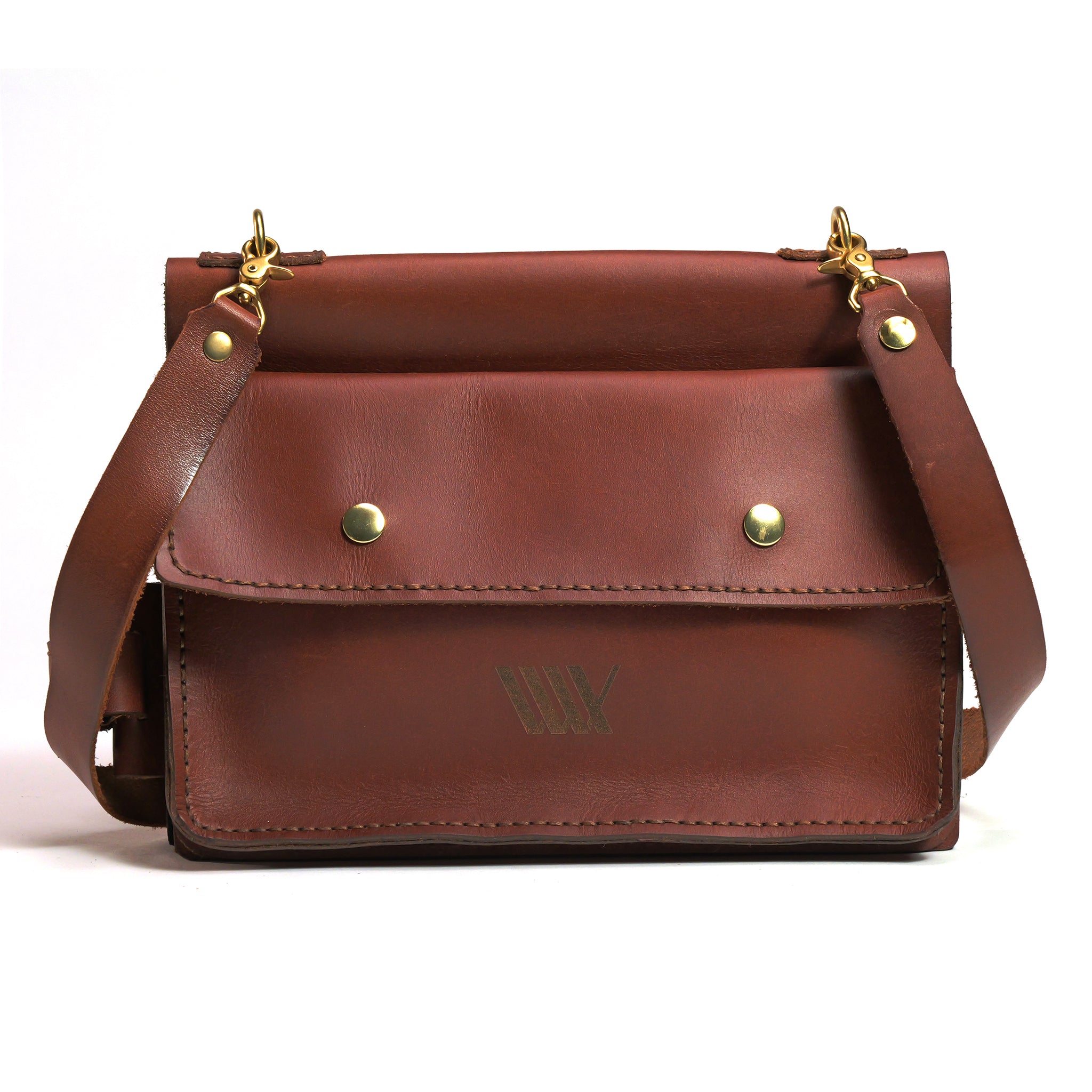 The LUXBMX Deluxe Leather Frame Bag, handcrafted from full-grain leather in brown, features gold hardware and a front flap, elegantly showcased against a white background.