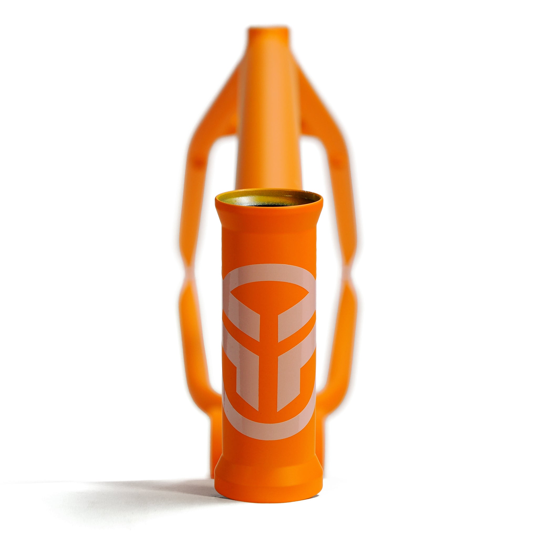 The Federal Code Frame head tube, in orange with a white geometric logo, is photographed on a white background—crafted for street riders who value both style and durability.