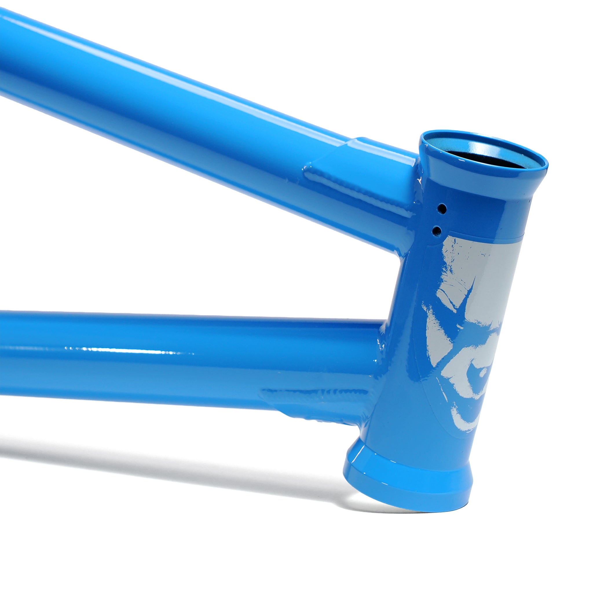 Close-up of the Federal Jarvis V2 Frame in blue, featuring a partial white face graphic on the head tube.