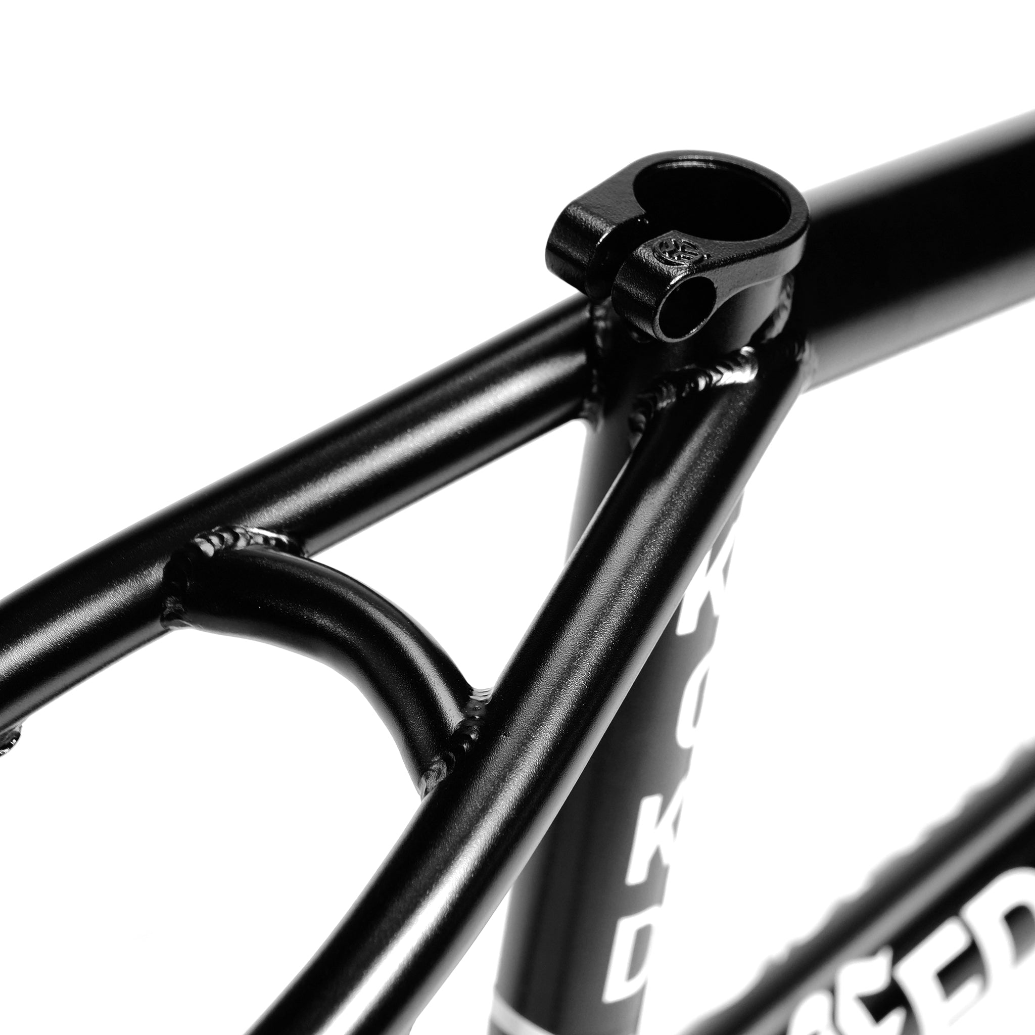 Close-up view of the Federal Jarvis V2 Frame in matte black, highlighting the seat tube, top tube, and seat clamp assembly with removable brake mounts.