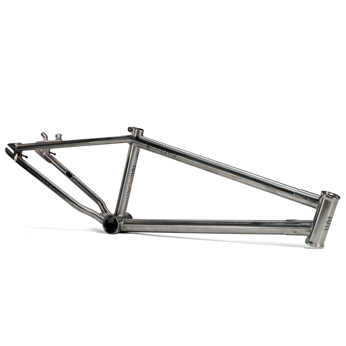 The ION BMX Ti22 Titanium 22 Inch Frame is shown in silver metal on a white background, presented side-on to highlight its TT-22 top tube length and 74° headtube angle for precise structural detail.