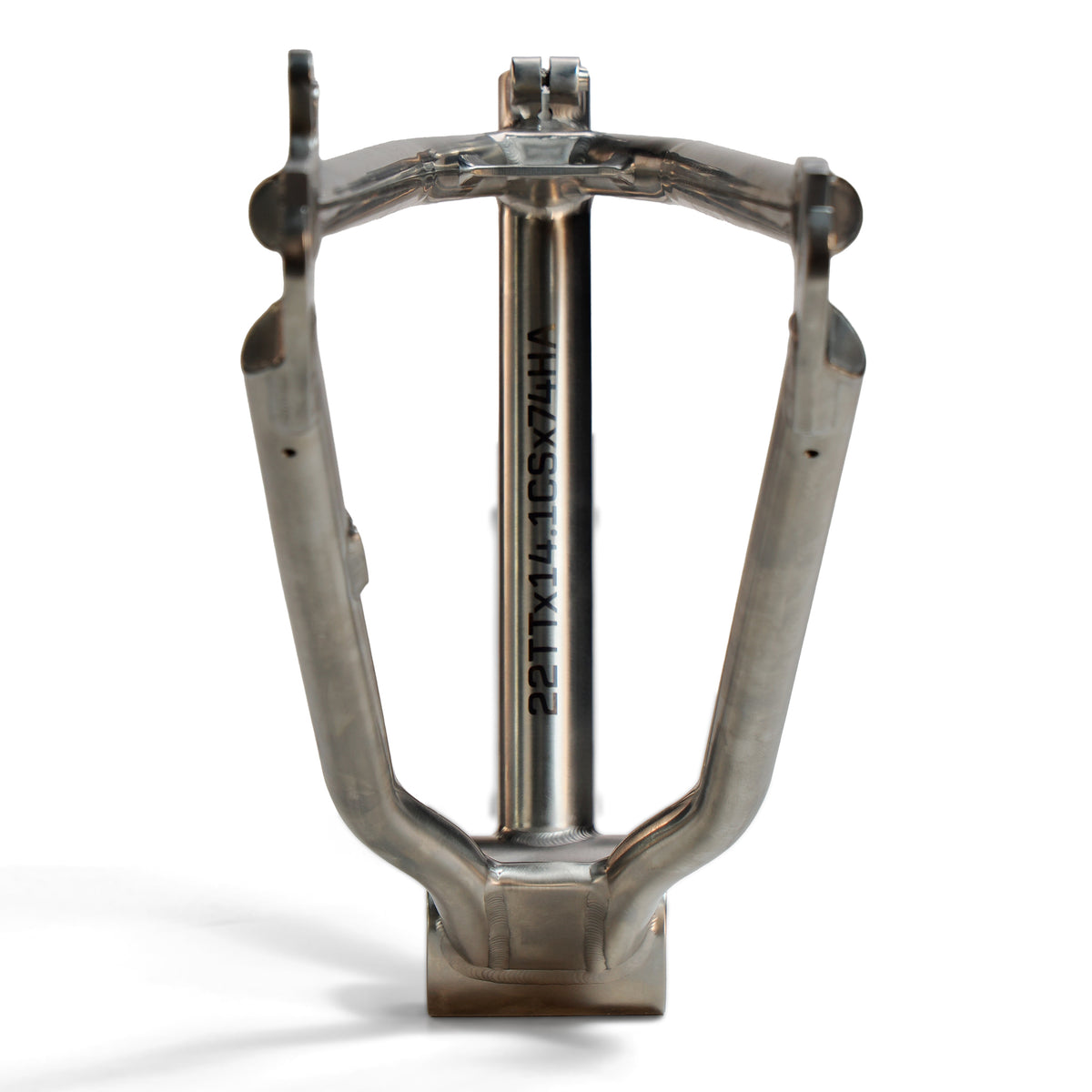 The ION BMX Ti22 Titanium 22 Inch Frame, shown from the front, features welded joints, "TT-22" stamped on the vertical tube, and a Headtube Angle of 74° for superior handling.