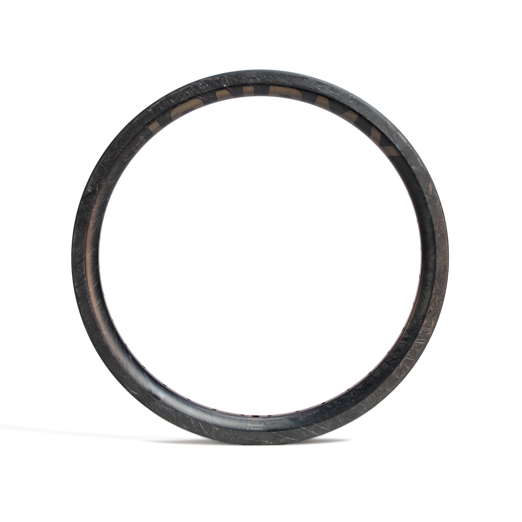 The ION BMX C18 Carbon Fiber 18 Inch Braking Rim is shown upright on a white background, featuring a round shape, dark color, and smooth matte finish made from Toray T800s carbon fiber.