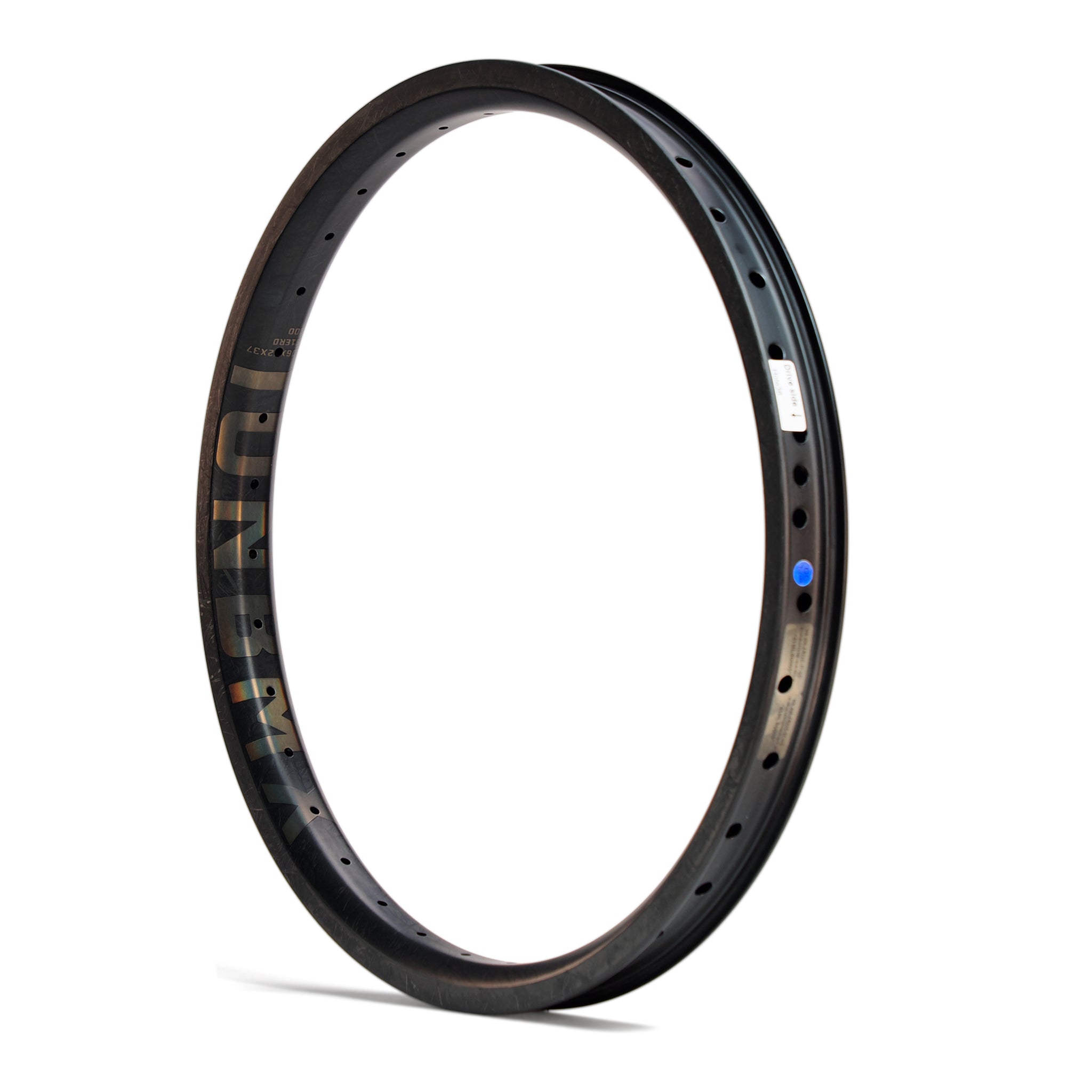 The ION BMX C20 Carbon Fiber 20 Inch Braking Rim, made from Toray T800 carbon fiber with multiple spoke holes, is shown in black at a slight angle against a white background.